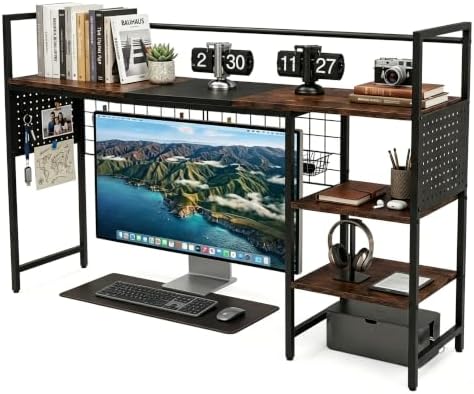 Desk Shelf Organizer with Pegboard & Hooks, Desk Hutch for Computer Monitor, Multi-Tier Wood Desktop Bookshelf Display Rack for Home Office Dorm Room (Vintage Brown, 50.39") by ZHUJERRY