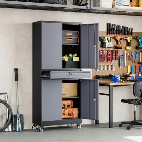 Yizosh Metal Garage Storage Cabinet with Locking Doors and Adjustable Shelves, -73" Steel Rolling Tool Storage Cabinet with 4 Wheels and 1 Drawer for Garage,Office,Warehouse - Image 6
