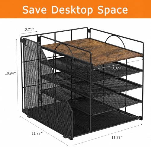 LEKETREE Desk Organizers and Accessories, 5-Tier Paper Letter Tray Organizer with File Holder, Desktop Organizer for Office Supplies (Wood) - Image 2