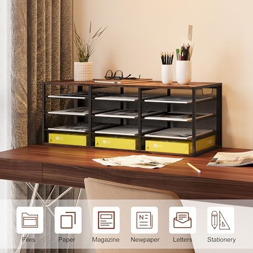 TQVAI 12 Compartments Desktop Literature Organizer, Metal Frame Paper Sorter with Handles, Heavy Duty Mailbox for Classroom and Office, Wood File Organizer for Document, Bill, Magazine, Antique Brown - Image 3