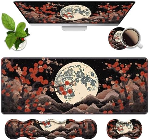 4 in 1 Ergonomic Memory Foam Mouse Pad Wrist Rest Set, Large XXL Gaming Desk Pad + Keyboard Wrist Rest + Mouse Wrist Cushion + Coaster for Home Office Study Gaming, Moon Peak Flowers by Unknown