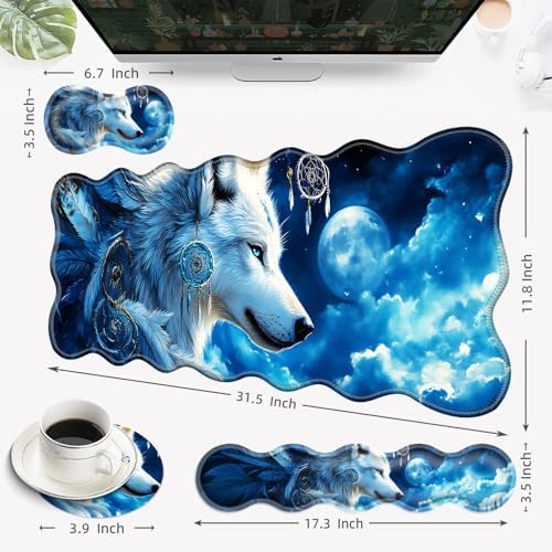 Desk Mat, Mouse Pad with Wrist Rest, 4-in-1 Large Mouse Pads for Desk, Ergonomic Mouse Pad and Keyboard Wrist Rest Gaming Keyboard Mat for Office,Wolf Dreamcatcher - Image 6