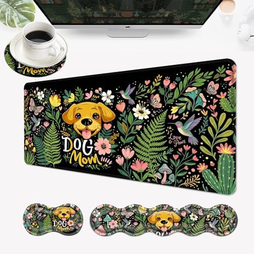 Desk Mat, Mouse Pad with Wrist Rest, 4-in-1 Large Mouse Pads for Desk, Ergonomic Mouse Pad and Keyboard Wrist Rest Gaming Keyboard Mat for Office,Dog Mom Flower by EFGWSDER