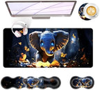 Large Keyboard Mouse Pad Set, Extended Mouse Pad+Keyboard Wrist Rest Support, Memory Foam Ergonomic Easy Typing, 4Pcs (31.5×11.8 in) Desk Pad Set for Office Home,Cute Elephant with Butterflies by Unknown