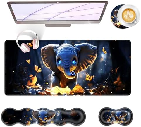 Large Keyboard Mouse Pad Set, Extended Mouse Pad+Keyboard Wrist Rest Support, Memory Foam Ergonomic Easy Typing, 4Pcs (31.5×11.8 in) Desk Pad Set for Office Home,Cute Elephant with Butterflies by Unknown