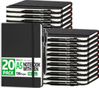 20 Pack Lined Journal Notebook with Pen, A5 Hardcover Leather Journal 5.5"*8.3", Black 136 Pages College Ruled Notebooks and Pen Set for Office School Business Supplies by BGUP