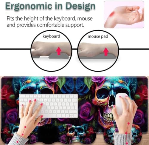 31.5"x 11.8" Oversized Gaming Mouse Pad Set, Ergonomic Keyboard and Mouse Wrist Rest + Cup Holder, Non-Slip Desktop Pad, Suitable for Home and Office Use, Colorful Rose Flower Skull - Image 5