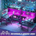 Aheaplus L Shaped Gaming Desk with Power Outlets & LED Lights, Black Oak - Image 7