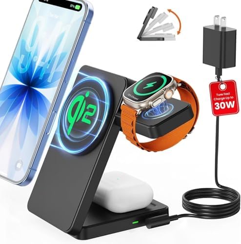 Magnetic Wireless Charging Station for Apple: Upgraded QI2 Certified 15W 3-in-1 Magsafe Wireless Charger Stand, Foldable Travel Fast Charger for iPhone 17 16 15 14 13 12 Series, Apple Watch, AirPods by ServeYouTheBest