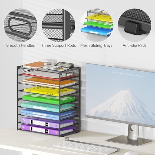 Cawukege 9 Tier Paper Organizer with Handle, 2 Pack Large Capacity Desk Organizer Mesh Paper Letter Tray File Folder Document Sorter for Classroom and Office Accessories Organization- Grey (2 Pack) - Image 4