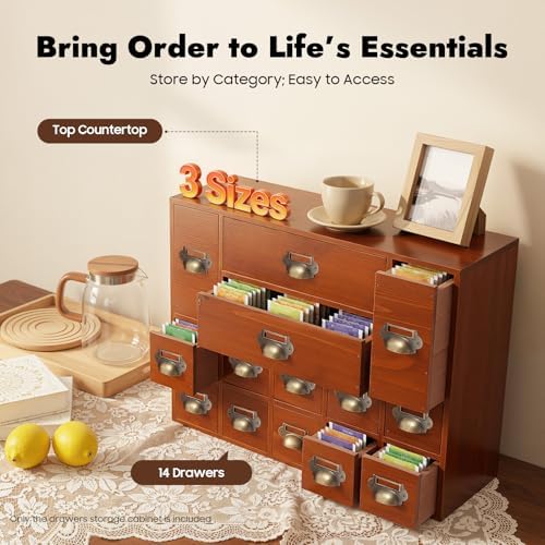 Desk Organizer with 14 Drawers, 4 Tier Wooden Apothecary Cabinet Desktop Storage Cabinet with Label Boxes, Makeup Organizer Filing Case for Office Bedroom Home, L21*W6.3*H16.7in - Image 4