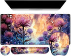 4 in 1 Large Mouse Pad, Keyboard Wrist Rest Set, Ergonomic Mouse Pad with Wrist Support, Desk Mat with Stitched Edges, Extended Desk Pad Waterproof Desk Mat for Home Office I Blossom Purple Flower by NXZGO