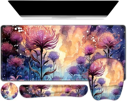 4 in 1 Large Mouse Pad, Keyboard Wrist Rest Set, Ergonomic Mouse Pad with Wrist Support, Desk Mat with Stitched Edges, Extended Desk Pad Waterproof Desk Mat for Home Office I Blossom Purple Flower by NXZGO