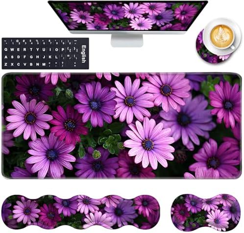 Keyboard Wrist Rest and Mouse Pad with Wrist Support Set Ergonomic Coaster,Memory Foam,Easy Typing Pain Relief,Large XL Desk Mat 31.5"x 11.8",African Daisy by CICPLKSE