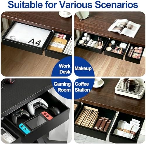 Under Desk Storage Drawer Organizer,3 Pack Self-Adhesive Slide Out Desk Drawers Under Table for Shelf,Office Supplies,Home,Large & Medium & Small,Black - Image 5
