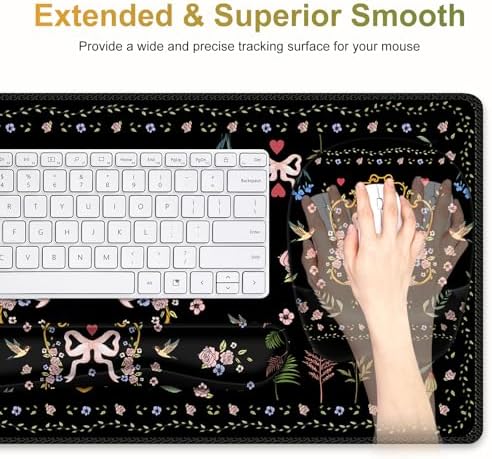 Mouse Pad with Wrist Support 4 in1 Set, XXL Big Game Mousepad + Keyboard Wrist Rest + Mouse Wrist Rest Pad +Coaster Gaming Mat for Home Office Work Computer Laptop I Vintage Floral Romantic Bow - Image 4