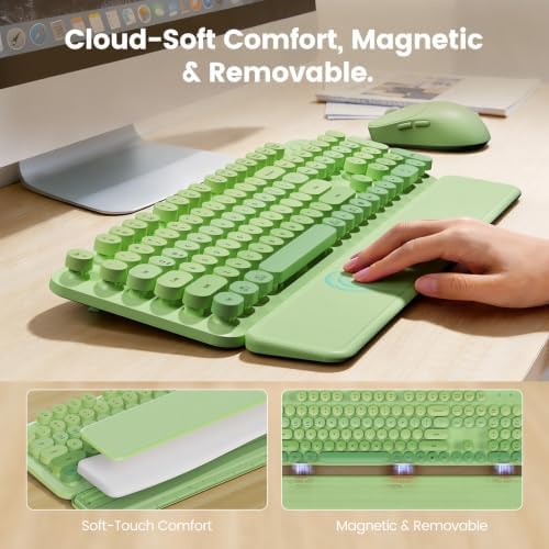 Wireless Keyboard and Mouse Combo, Magnetic Soft-Touch Wrist Rest, Round Keycaps, Full-Size Retro Typewriter Keyboard, 2-Stage Tilt Legs, Auto Sleep, 2.4GHz Cordless for Windows PC (Green Ombre) - Image 3