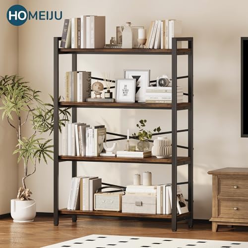 4 Tier Bookshelf 31.49" Width, Book Organizers and Storage, Wood and Metal Tall Bookcase, Rustic Book Shelf Organization and Storage for Home Living Room Bedroom Office Storage(Rustic Brown) - Image 4