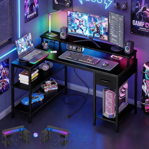 OLIXIS 53 Inch L Shaped Gaming Desk with LED Lights, Storage Shelves by OLIXIS