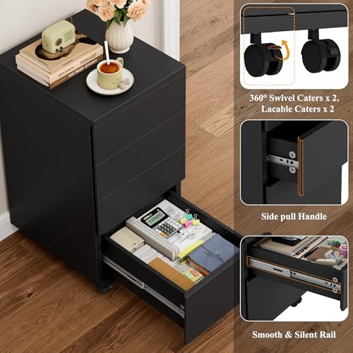 BOTLOG 4-Drawers Chest, Mobile Under Desk Drawer with Locking Casters, Wooden Printer Stand with Wheels, Rolling Craft Storage Cabinet for Home Office, Black - Image 5
