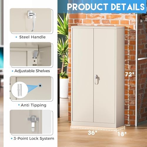 Greenvelly Garage Storage Cabinet,72" Metal Cabinet with 2 Doors and 4 Shelves,Steel File Cabinet for Home Office, Garage, Classroom（Grey 36" X 18"） - Image 3