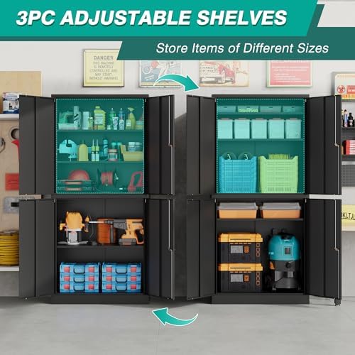 Metal Storage Cabinet with 3 Adjustable Shelves,Garage Storage Cabinet with Lock,Black Metal Cabinet with Locking Doors,Steel Cabinets 4 Doors,71" Lockable Storage Cabinets for Garage,Home,Office - Image 3