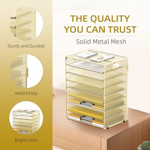 9-Tier Paper Organizer for Desk, Metal Mesh Letter Tray with Handles, Gold - Image 5
