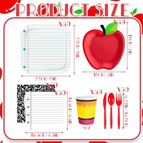 Demonwer 240 Pcs Back to School Party Decoration Apple and Notebook Line Paper Plates Notebook Napkins Pencil Cups Tableware Sets for 30 Guests for First Day of School Party Supplies - Image 2