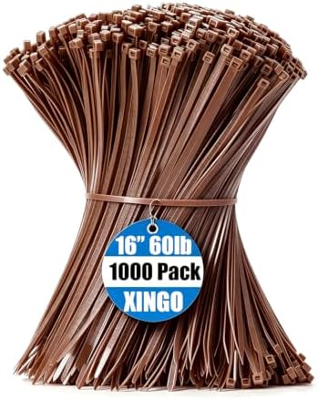 XINGO 1000 PCS PCS Brown Zip Ties 16 Inch, 60 LBS Tensile Strength, Self-Locking Nylon Plastic Nylon PA66 Wire Ties for Indoor and Outdoor Use by XINGO