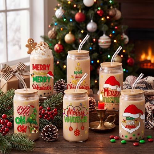 SiliFine 6 Pcs Christmas Glass Cups with Lid and Glass Straw 16 oz Holiday Iced Coffee Cup Xmas Can Shaped Beer Water Glasses Tumbler Christmas Appreciation Gifts for Xmas Party Favors - Image 2