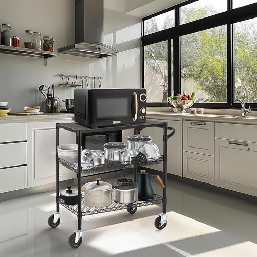 Finnhomy 3 Tier Heavy Duty Commercial Grade Utility Cart with Wood Top, Wire Rolling Cart with Wheels and Handle Bar, Kitchen Carts on Wheels, Metal Cart with 600 LBS Capacity, Black - Image 3