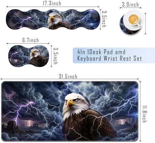 TGFEWYTJYJ Extended Gaming Mouse Pad,Memory Foam Ergonomic Keyboard Mouse Wrist Rest Support Set,Large Desk Mat with Stitched Edges,Non-Slip Base Mousepad Home Office,Bald Eagle Lightning - Image 2