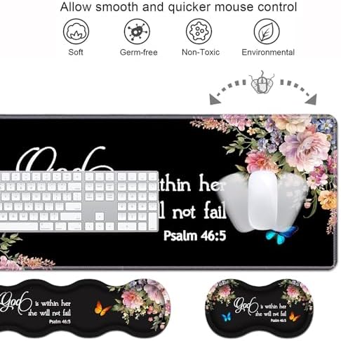 Ergonomic Keyboard Wrist Rest & Mouse Pad Wrist Rest Set, Large XXL Gaming Desk Mat 31.5"x 11.8" with Memory Foam, Easy Typing Pain Relief for Office & Home, Floral Quote Bible Verse Psalm 46:5 - Image 4