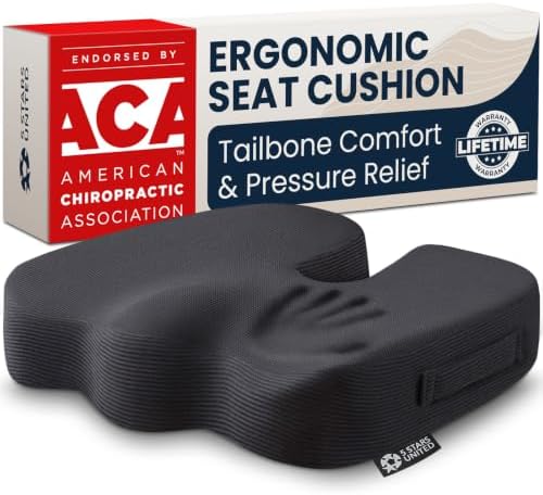 5 STARS UNITED Seat Cushion - Memory Foam Chair Cushion for Tailbone Pain Relief - Ergonomic Support for Coccyx, Sciatica & Butt - Office, Desk & Gaming Chair, Car Seat, Wheelchair, Airplane, Black by 5STARSUNITED