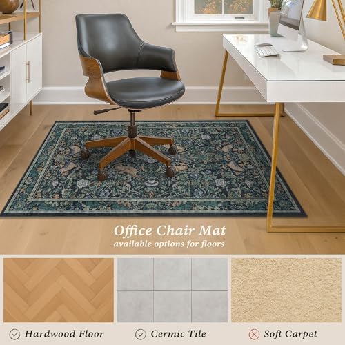 Office Chair Mat for Hardwood Floors, Blue Botanical Under Desk Rug with Bird Pattern, 4x5 Low Pile Floor Protector for Rolling Computer Chairs, Anti-Slip Washable Stain Resistant Mat - Image 5