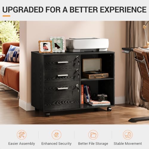 DEVAISE 3-Drawer File Cabinet with Lock, Mobile Wood Filing Cabinet, Black - Image 3