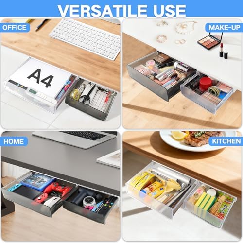 OSPNIEEK Self-adhesive Under Desk Drawer Organizer, 2 Pack Table Hidden Slide Out Large Storage Mounted Desktop Pencil Holder Tray Drawers for Office Home School Stationery Kitchen (XL+L, White) - Image 2
