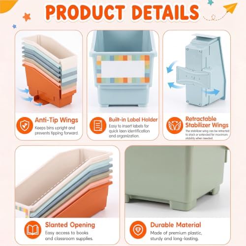 Geetery 12 Pack Non-Tip Book Bins with Stabilizer Wings,lables, Earth Tone - Image 3