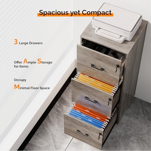 VINGLI 3 Drawer File Cabinet with Lock, Home Office Filing Organizer, for Letter Size File Folder Storage, Wood Tall Vertical Filing Cabinet, Printer Stand, Archivador (Rustic Gray) - Image 4