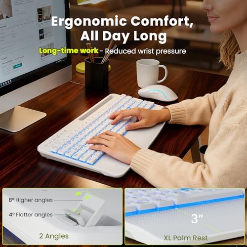 White Keyboard and Mouse Wireless Combo, 4000mAh Rechargeable Backlit Quiet Keyboards mice Set, USB Ergonomic Key Board with Wrist Rest & Phone Holder for PC, Mac, Windows, Natural Soft Typing - Image 6