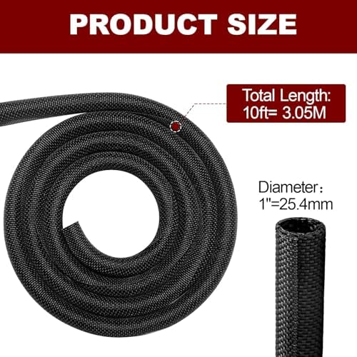Automotive Wire Loom High Temperature Braided Wire Loom, Split-Sleeve Heat Resistant Wiring Loom Cord Cover for Harness Wires, Self-Wrapping Heavy Duty Sheathing Cable Management Black（10ft-1inch ） - Image 5