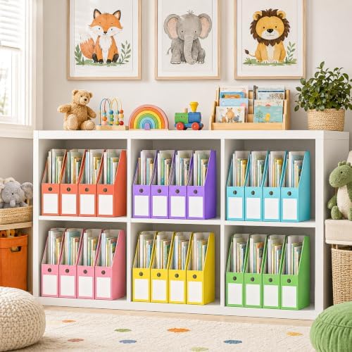 CZWZ 24 Pcs Pastel Magazine File Holders, Cardboard Magazine Organizer Bins with Labels, Foldable File Storage Boxes for Classroom Organization, Books, Documents, Folders, School Office Supplies - Image 4