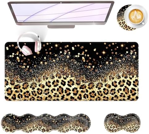 Large Keyboard Mouse Pad Set, Extended Mouse Pad+Keyboard Wrist Rest Support, Memory Foam Ergonomic Easy Typing, 4Pcs (31.5×11.8 in) Desk Pad Set for Office Home,Leopard Print by Unknown