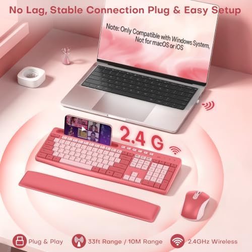 Pink Wireless Keyboard and Mouse Combo with Soft Wrist Rest & Phone Holder - Image 2