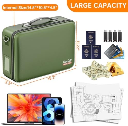 DocSafe Fireproof Document Box with Lock＆Shoulder Strap,Hard Case File Organizer with Accordion File Folder,Multi-Layer Portable Home Office Travel Safe Storage for Important Documents Laptop Green - Image 5