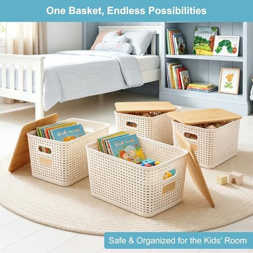 Bagnizer 2 Pack Tall Plastic Storage Bins with Bamboo Lids, 10.8qt Stackable Storages Baskets for Organizing Desktop Closet Playroom Classroom Office, 12"L x 8.3"W x 6.1"H, Cream White - Image 4