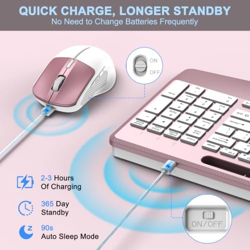 Rechargeable Silent Wireless Keyboard and Mouse Combo, Ergonomic Wrist Rest & Phone Tablet Holder, USB-C Adapter Included, 2.4G Lag-Free Cordless Set for Windows Mac Laptop PC Home Office (Rose Gold) - Image 5