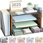 OPNICE Desk Organizer, 4-Tier Desktop File Organizer with Drawer and Pen Holders, Office Desk Accessories, File Sorters, Workspace Organizers for Office Supplies(Brown Wood) by OPNICE