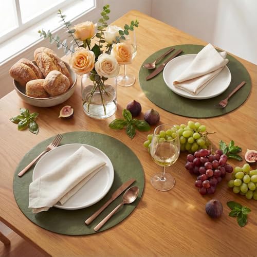 Artoid Mode Olive Green Faux Leather Placemats Set of 12, 15 Inch Waterproof Wipeable Heat Resistant Vinyl Place Mats, Reversible Table Mats for Kitchen Dining Decor - Image 5