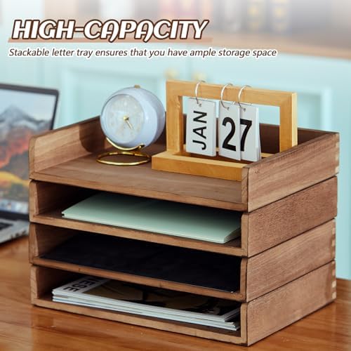Yeaqee 4 Pcs Stackable Organizer Tray Wood Desk Organizer, Dark Wood Color - Image 2